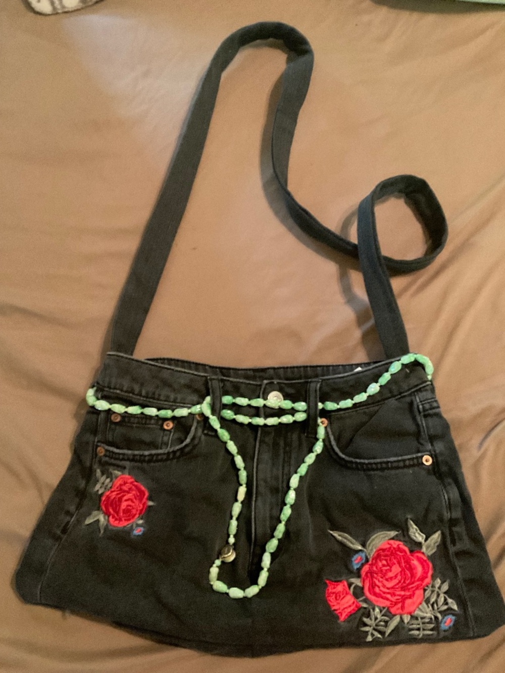 Handmade Black Denim crossbody bag 10x16 embellished embroidery and lined.